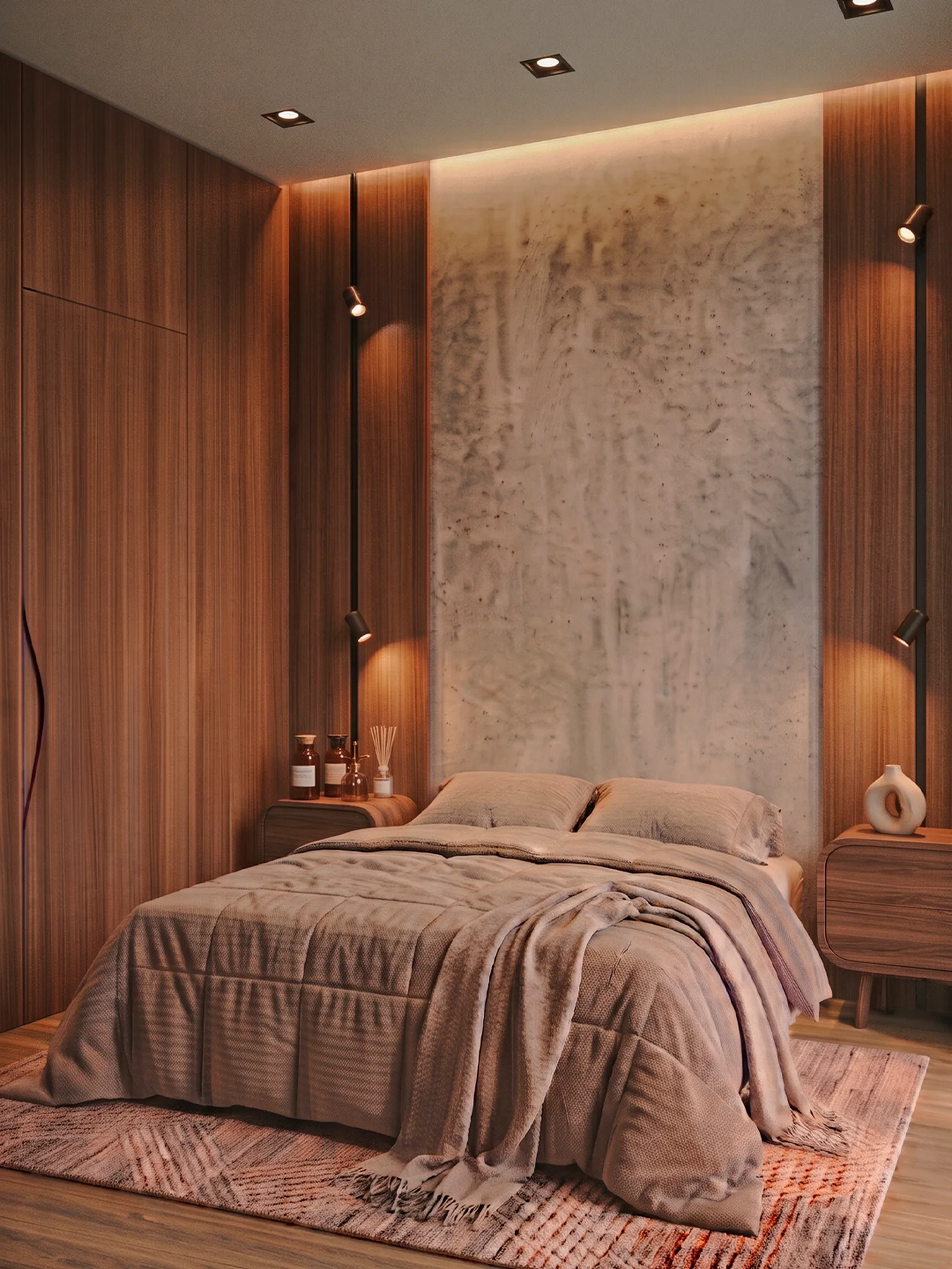 Quarto com marcenaria em madeira - projeto de design de interiores Therra Arquitetura